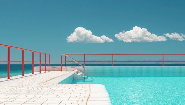 Rooftop pool with red railings against a vibrant blue sky and white clouds - Powered by Adobe