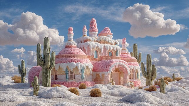 Candy castle in a desert landscape with cacti and a cloudy sky