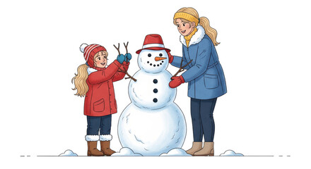 Isolated Mother and Daughter Building a Snowman