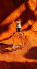 Naklejka premium Clear glass spray bottle on warm orange fabric