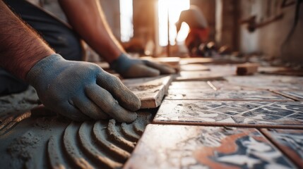 Close-up of construction worker laying decorative ceramic tiles with adhesive during flooring installation