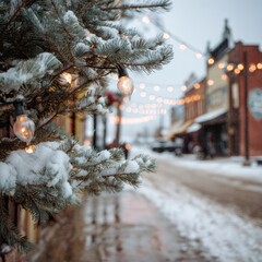 Snowy town street, twinkling lights, and frosted evergreen branches