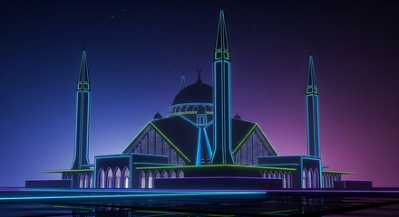 Futuristic mosque illuminated with neon lights at night