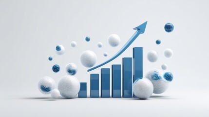 Abstract business growth concept with 3d bar chart, blue upward arrow, and floating digital spheres on white background for corporate strategy, financial success, and investment visualization