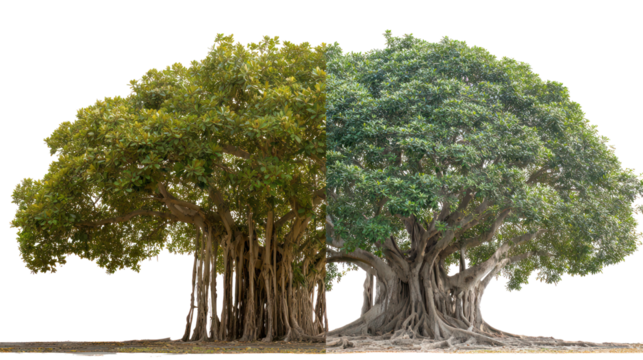 Banyan tree and Peepal tree placed side by side with strong trunks isolated on transparent background