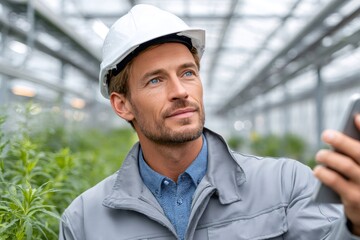 Agricultural engineer using smartphone in greenhouse inspecting cannabis plants