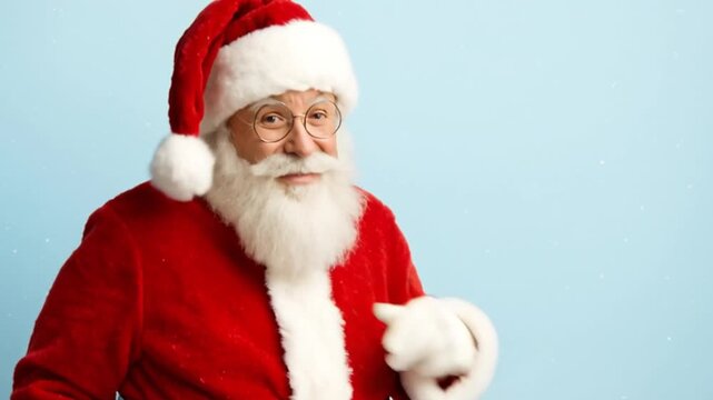 Santa Claus in traditional red suit with white beard waving hand and smiling on light background, photorealistic festive portrait symbolizing Christmas, New Year and holiday celebration