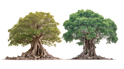 Banyan tree and Peepal tree placed side by side with strong trunks isolated on transparent background