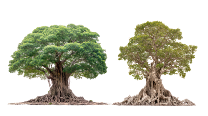 Banyan tree and Peepal tree placed side by side with strong trunks isolated on transparent background