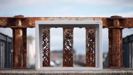 Obraz premium White rectangular frame, set within a rusty metal railing, overlooking a street scene