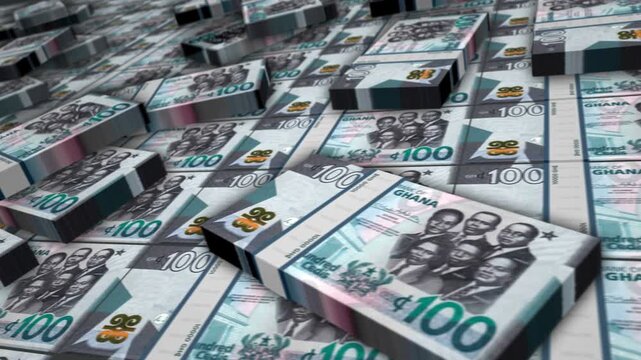 Ghana Cedi Ghanaian money banknote bundle loop. 100 GHC money stacks. Concept of business, economy, banking and finance. Camera over cash packs loopable seamless 3d.
