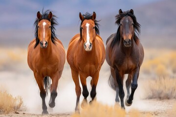 Obraz premium Three wild horses running towards observer in dusty desert landscape