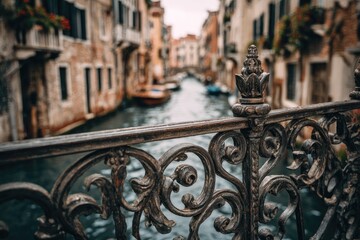 Ornate metal railing on a Venetian canal bridge