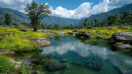 Fototapeta premium Serene mountain stream reflecting a vibrant sky. Clear water flows through a meadow of yellow wildflowers. Rocky terrain surrounds the tranquil scene. 