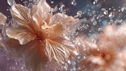 Soft peach hibiscus flower submerged underwater with bubbles and light reflections in close-up macro photography style with blurry floral background and delicate textures