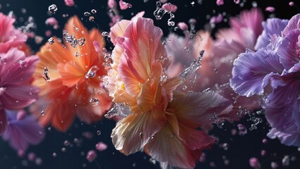 Colorful delicate flowers with water droplets splashing around petals close up macro photography vibrant floral arrangement beauty in motion dark background