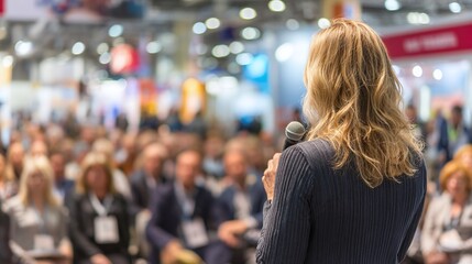 Professional woman speaking at a conference, microphone in hand, engaging with a large audience. Public speaking and business event in a crowded hall.
