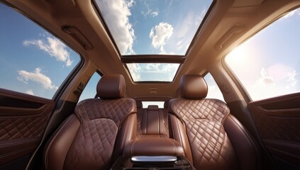 Fototapeta premium Panoramic view of a car's interior, sun shining through sunroof. Leather seats, quilted design, comfortable