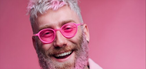 The cheerful man with pink glasses and a vibrant expression against a pink background.