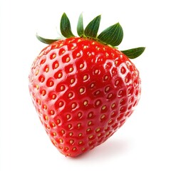 Single, vibrant red strawberry with green leaves (49)