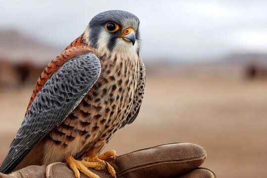 American kestrel perched on falconer's glove, gazing alertly