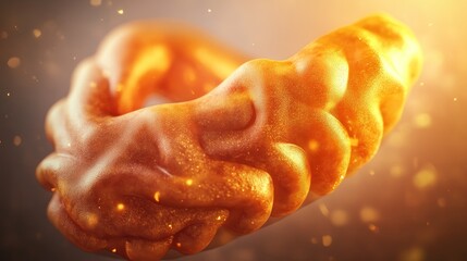 Golden torus with glowing particles on a warm background, a 3D render perfect for science, technology