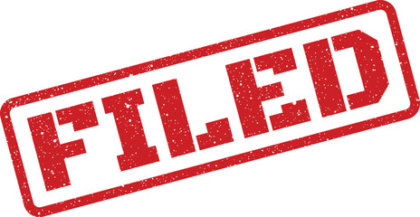 Distressed rectangular filed rubber stamp design showing completion or submission with splatter effect