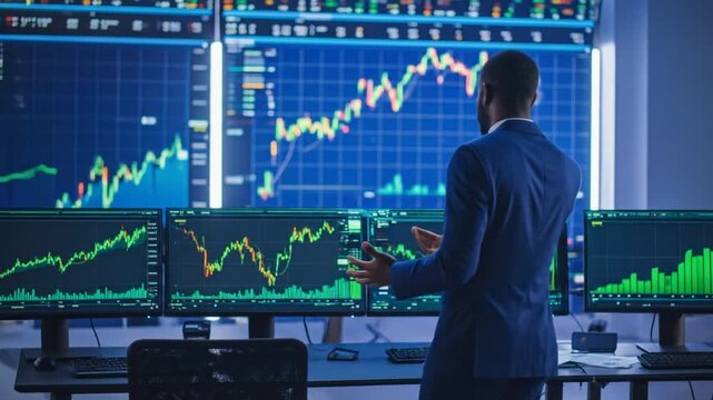 Analyst Presents Financial Data and Charts in a Trading Room for Market Analysis and Insights
