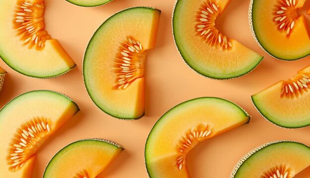 Pieces of ripe melon as background, top view