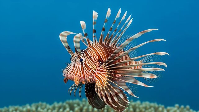 Close-up of lionfish swimming against coral background, tropical sea. Poisonous fish, underwater world, sea life, ocean.