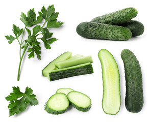 Fresh cucumbers and parsley isolated on white, collage