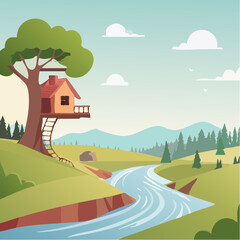Fototapeta premium The image shows a tree house perched atop a cliff overlooking a river. The tree house is surrounded by lush green grass, trees, and hills, and the sky is filled with white, fluffy clouds.
