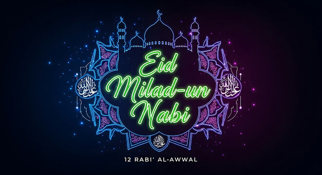Eid milad un nabi islamic celebration neon lights background