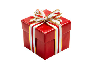 Obraz premium Red gift box with white and gold ribbon bow isolated on black background, Isolated On Transparent Background