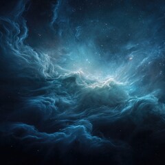 Deep space nebula, swirling cosmic clouds of azure and blue, punctuated by faint starlight