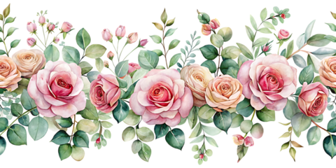 Pink Rose Flower and Eucalyptus Watercolor Seamless Floral Border Isolated on White Background as Transparent. PNG. AI GENERATED