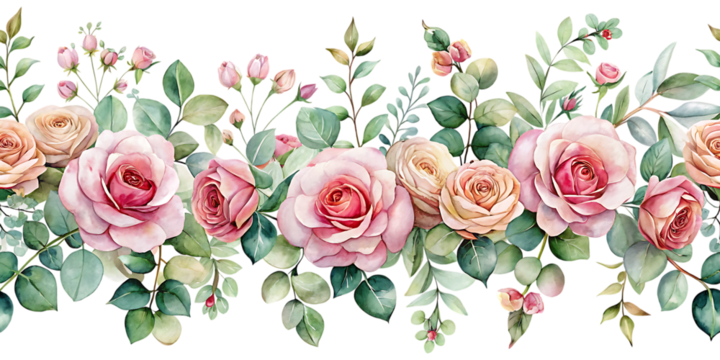 Pink Rose Flower and Eucalyptus Watercolor Seamless Floral Border Isolated on White Background as Transparent. PNG. AI GENERATED