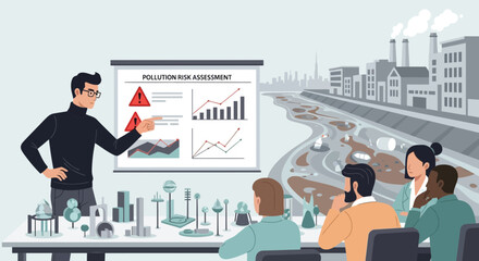 Illustrative presentation on pollution risk assessment with polluted river backdrop