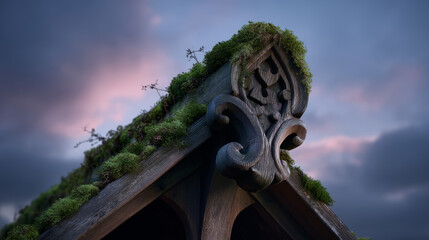 Obraz premium Haunted wooden house roof covered with moss under moody sky creating mysterious halloween atmosphere