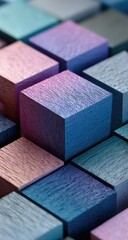 Fototapeta premium Close-up view of multicolored wooden cubes arranged in a grid pattern. Shades of pastel blues, pinks, and purples. Textured wood grain visible on each cube. Geometric design