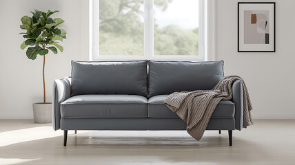 Modern minimalist living room with grey sofa, cozy blanket, and indoor plant