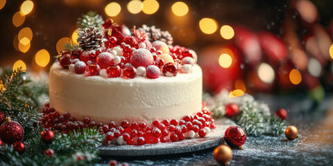 Naklejka premium Christmas cake adorned with red berries, baubles, and pine cones, dusted with powdered sugar, resting on a dark table surrounded by blurred festive lights
