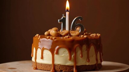 Sweet sixteen cake with caramel drizzle and candle on a wooden surface against brown background