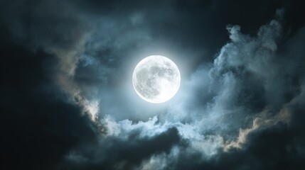 Obraz premium Full moon with clouds atmospheric background, glowing moon surrounded by drifting clouds, minimalist aesthetic