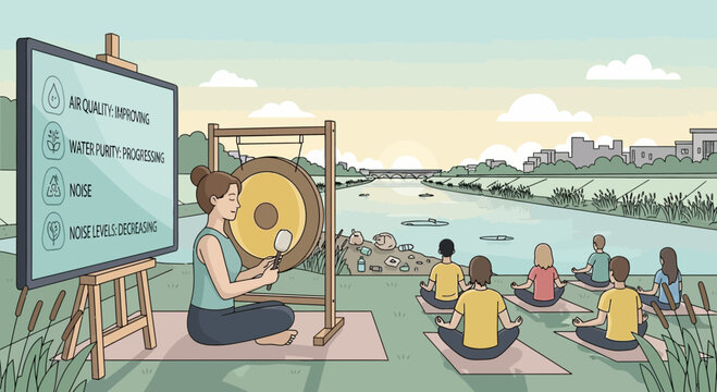 Meditation session by the river promoting environmental improvements through gong healing