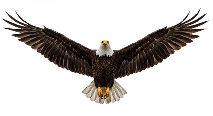 Naklejka premium Aigle majestueux vole puissamment ailes d�ploy�es fond blanc lumineux. AI Generated