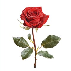 Single crimson rose with stem and leaves against white background