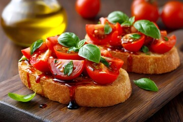 Delicious bruschetta with tomatoes, basil and balsamic glaze drizzling on wooden board
