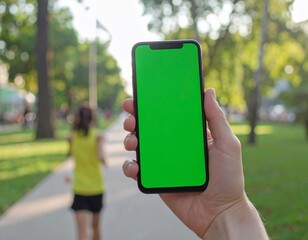 A hand holding a smartphone with a green screen, with a runner in the background on a sunny day.