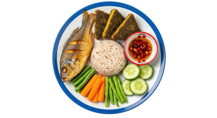 Isolated Fried fish rice and Vegetables